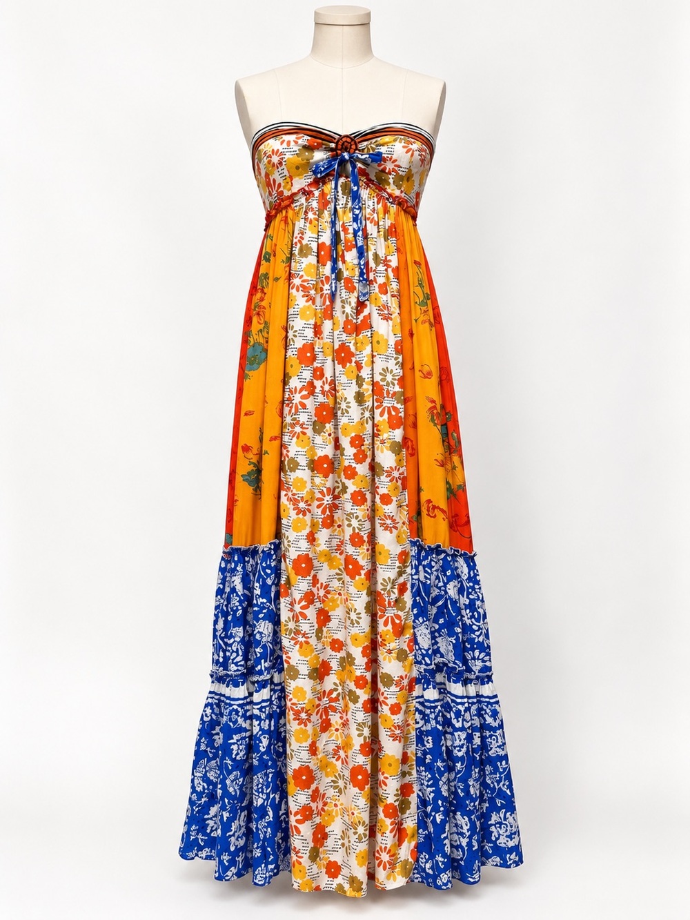 Free People Golden Dreams Maxi Dress XS Patchwork Strapless Boho Festival Resort